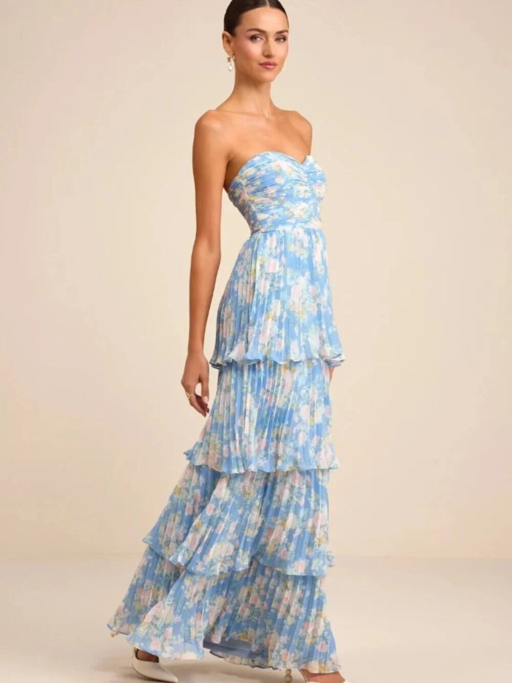Lulu's Blue Floral Strapless Maxi Dress